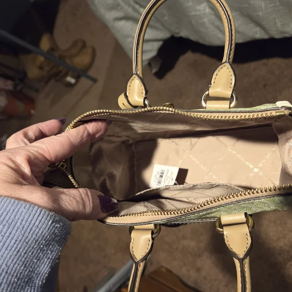 Michael Kors Green and Tan Mini Bag with Signature Monogram - Picture 5 of 9